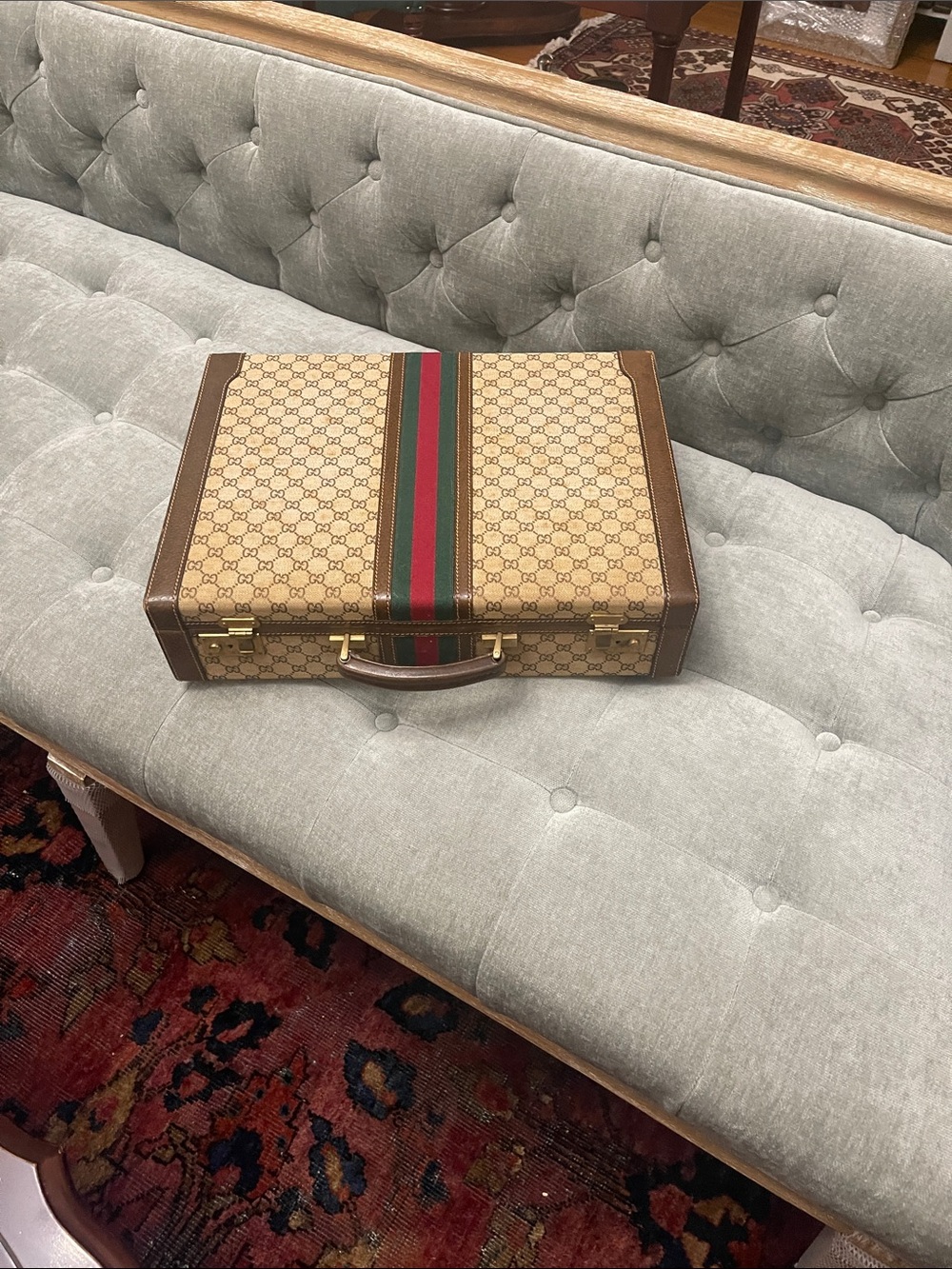 Gucci Beige GG Supreme Canvas Case with Green-Red Web Stripe